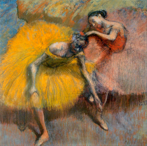 Dos bailarinas en amarillo y rosa. Edgar Degas