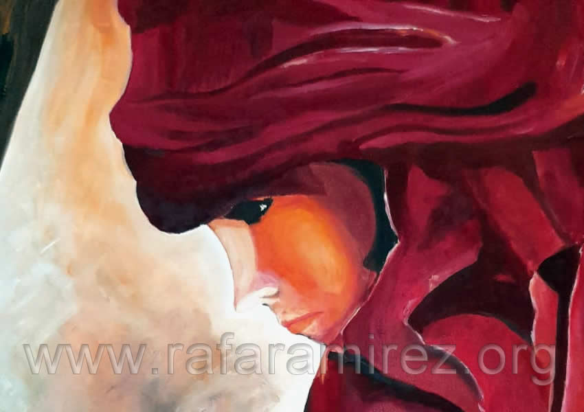 Semidesnudo de mujer con pañuelo pintura al óleo de Rafael Ramírez.