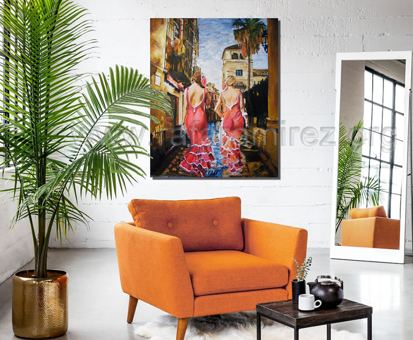 Paseo de flamencas, pintura al óleo de Rafael Ramírez.
