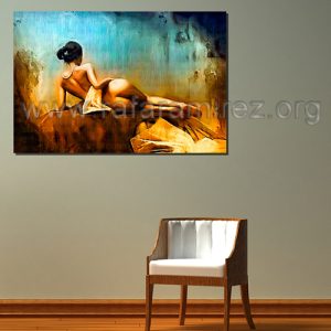 Mujer sobre azul y tierra. Pintura al óleo de Rafael Ramírez.