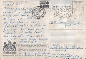 Postal: Big Ben y Cámara de los Comunes. Londres. 1962. Reverso