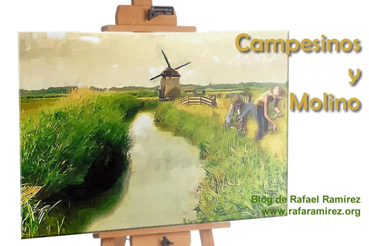 Campesinos y molino pintura de Rafael Ramírez.