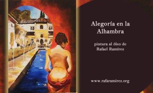 Alegoría en la Alhambra, pintura de Rafael Ramírez meditación en el estanque nazarí.