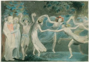 Oberon, Titania y Puck con hadas bailando de William Blake (1786). Blog de Rafael Ramírez.