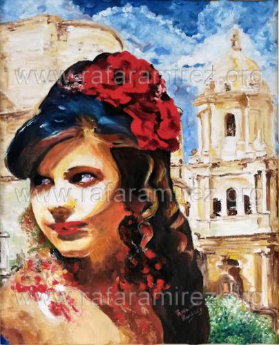 Muchacha con flores en el pelo, pintura al óleo de Rafael Ramírez.
