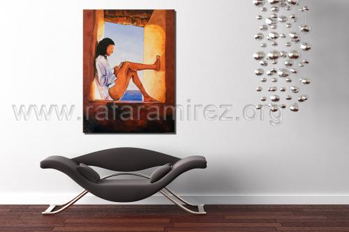 Mujer en la ventana. Óleo de Rafael Ramírez. 