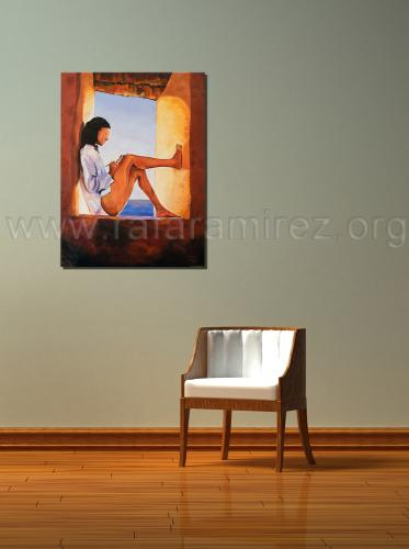 Mujer en la ventana. Óleo de Rafael Ramírez. 