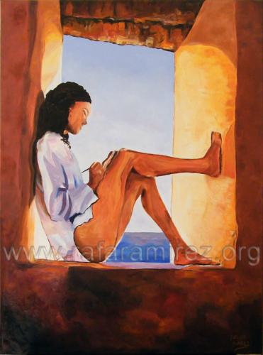 Mujer en la ventana. Óleo de Rafael Ramírez. 