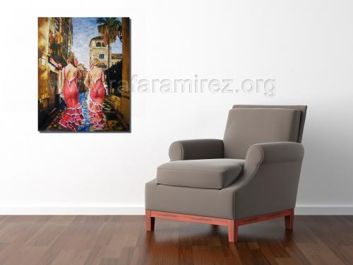 Paseo de flamencas, pintura al óleo de Rafael Ramírez.