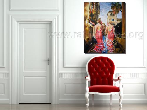 Paseo de flamencas, pintura al óleo de Rafael Ramírez.
