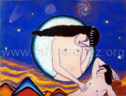 Selene visita a Endimión pintura a pastel de Rafael Ramírez.