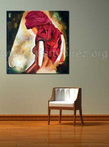 Semidesnudo de mujer con pañuelo pintura al óleo de Rafael Ramírez.