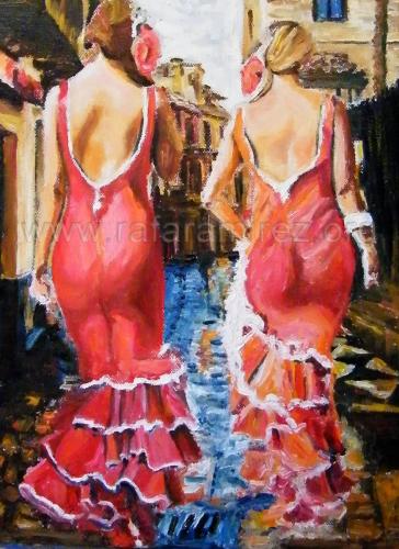 Paseo de flamencas, pintura al óleo de Rafael Ramírez.