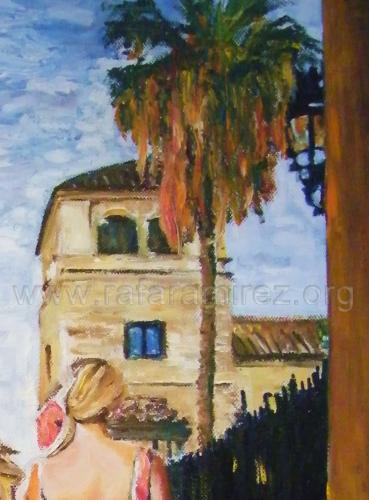 Paseo de flamencas, pintura al óleo de Rafael Ramírez.