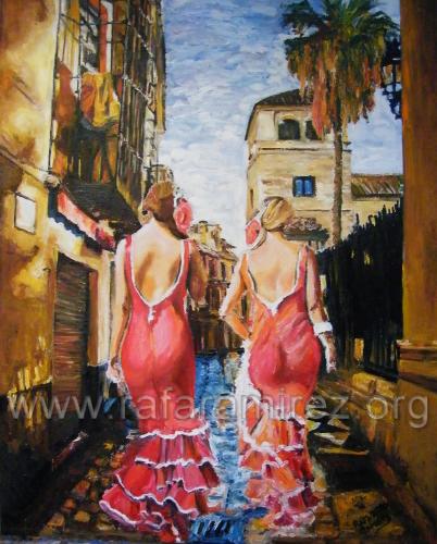Paseo de flamencas, pintura al óleo de Rafael Ramírez.