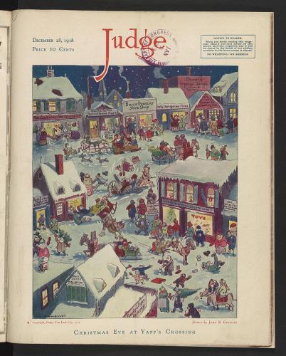 Nochebuena en Yapp's Crossing / Dibujado por John B. Gruelle.La ilustración muestra una escena navideña en el pueblo ficticio de Yapp's Crossing.
