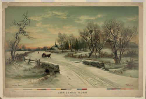 Mañana de Navidad / pintado por W.C. Bauer.Escena rural nevada con pareja en trineo tirado por caballos; puente en primer plano; iglesia al fondo.