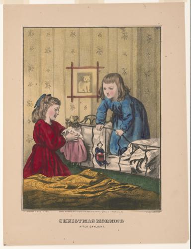 Mañana de Navidad al amanecerEl grabado muestra a dos niñas jugando con sus juguetes de Navidad en su habitación.