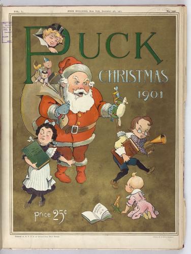Puck Navidad 1901La ilustración muestra a Papá Noel con una mochila llena de juguetes y a dos niños y un bebé; han elegido como regalos los libros «Las obras de Tolstoi», «Ensayos de Montaigne» y «Análisis microscópico, vol. IV» en lugar de juguetes. El niño también ha elegido un «Fonógrafo» y el bebé un microscopio.