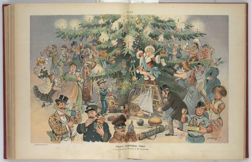 El árbol de Navidad de Puck / Ehrhart.La ilustración muestra un gran árbol de Navidad decorado alrededor del cual aparecen algunos de los personajes que aparecen habitualmente en las caricaturas de Puck, como el conductor de automóvil que lleva un regalo de «Linimento para caballos», la criada dominante con su regalo de un despertador, la criada y su regalo de «Cemento chino», un irlandés con una caja de «Soldados ingleses» etiquetada «Para Patrick», y «Para Mr. Henpeck» dos entradas para el “Teatro - a la noche La fierecilla domada” que ofrece a su desdeñosa esposa. Puck está de pie en una escalera de mano en el centro, ofreciendo una corona «Para la señorita Gotrox» a una joven elegantemente vestida que se esfuerza por alcanzarla. Otros reciben regalos igualmente conmovedores.