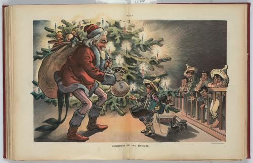 Navidad en el Ismo / Keppler.La ilustración muestra al Tío Sam como Santa Claus con su bolsa de juguetes, entregando una bolsa de dinero con la etiqueta «$10.000.000» a un niño que lleva un sombrero con la etiqueta «Panamá» y sostiene un enorme barco, algunos libros, uno de ellos con la etiqueta «Ledger», y remolca una maqueta de ferrocarril. Hay una barandilla a la derecha que divide el espacio en una zona con un árbol de Navidad y otra sin él; colgados de la barandilla, mirando hacia dentro, hay cinco niños etiquetados como «Colombia, Nicaragua, Venezuela [y] San Domingo» que están deprimidos y posiblemente enfadados porque Papá Noel/Tío Sam no tiene nada para ellos.Keppler, Udo J., 1872-1956, artistaCreado / PublicadoN.Y. : J. Ottmann Lith. Co., Puck Bldg., 1903 23 de diciembre.Aviso de derechosNo se conocen restricciones de publicación.