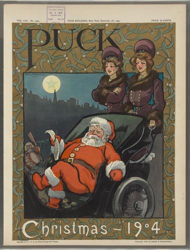 Puck Navidad 1904 / Frank A. Nankivell.La ilustración muestra a Papá Noel revisando su lista, con su bolsa de regalos al lado, sentado en un automóvil que conducen dos mujeres de pie en la parte trasera, vestidas como chóferes.