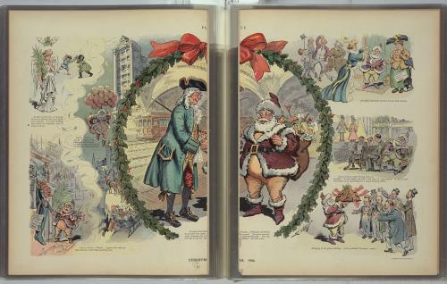 Puck Navidad 1904 / Ehrhart.La ilustración muestra una viñeta con, en la escena central, el Padre Knickerbocker, figura simbólica de la ciudad de Nueva York, dando la bienvenida a Papá Noel al subsuelo de la ciudad de Nueva York; las viñetas muestran a Papá Noel repartiendo regalos de Navidad y haciendo planes para el próximo año. El «Ángel de la Paz» espera el fin de las hostilidades entre Japón y Rusia.