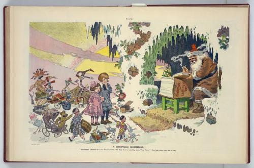 Una pesadilla navideña / Will Crawford.La ilustración muestra a dos niños rodeados de juguetes rotos. Los juguetes señalan con el dedo a los niños y se quejan a Papá Noel del trato que han recibido de ellos durante el año pasado; Papá Noel está sentado a la derecha, leyendo un gran libro titulado «Estado de los juguetes del año pasado».