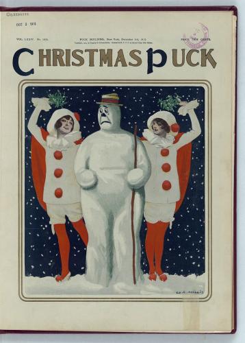 Puck de Navidad / W.E. Hill '13.La ilustración muestra a un ansioso muñeco de nieve de pie entre dos hermosas jóvenes vestidas de payaso y sosteniendo muérdago sobre sus cabezas durante una lluvia de nieve vespertina.