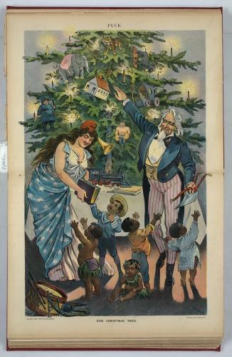 Nuestro árbol de Navidad / Keppler.El grabado muestra al Tío Sam y a Columbia sacando regalos de Navidad de un árbol de Navidad y distribuyéndolos a niños nativos etiquetados como «Hawaii, Samoa, Puerto Rico, Cuba, [y] Filipinas».