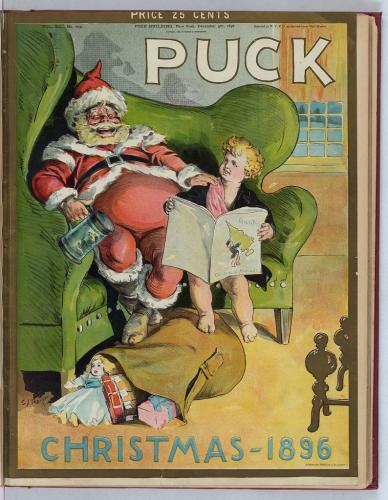 Puck Navidad 1896 / C.J. Taylor.El grabado muestra a Papá Noel con una jarra de cerveza en la mano y sentado en una gran silla con Puck, que lleva el «Número de Navidad», sentado a su lado; sus pies descansan sobre un saco de juguetes.