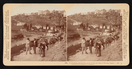 Andalucía pintoresca: un poco del casco antiguo de Ronda (España).Resumen.En primer plano, gente con burros en la carretera y, al fondo, casas en una colina. 1902